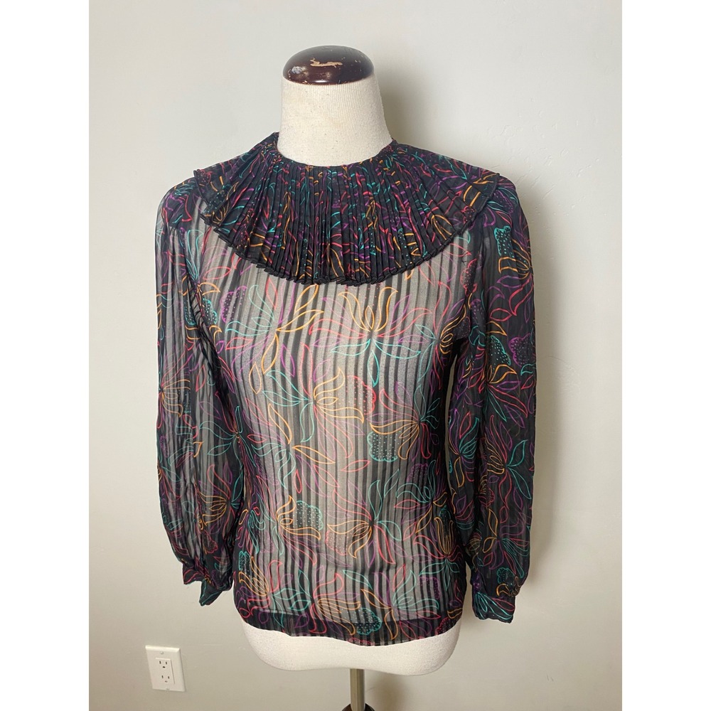 Vintage 70s College Town Sheer Neon Floral Pleated Ruffle Collar Blouse Black